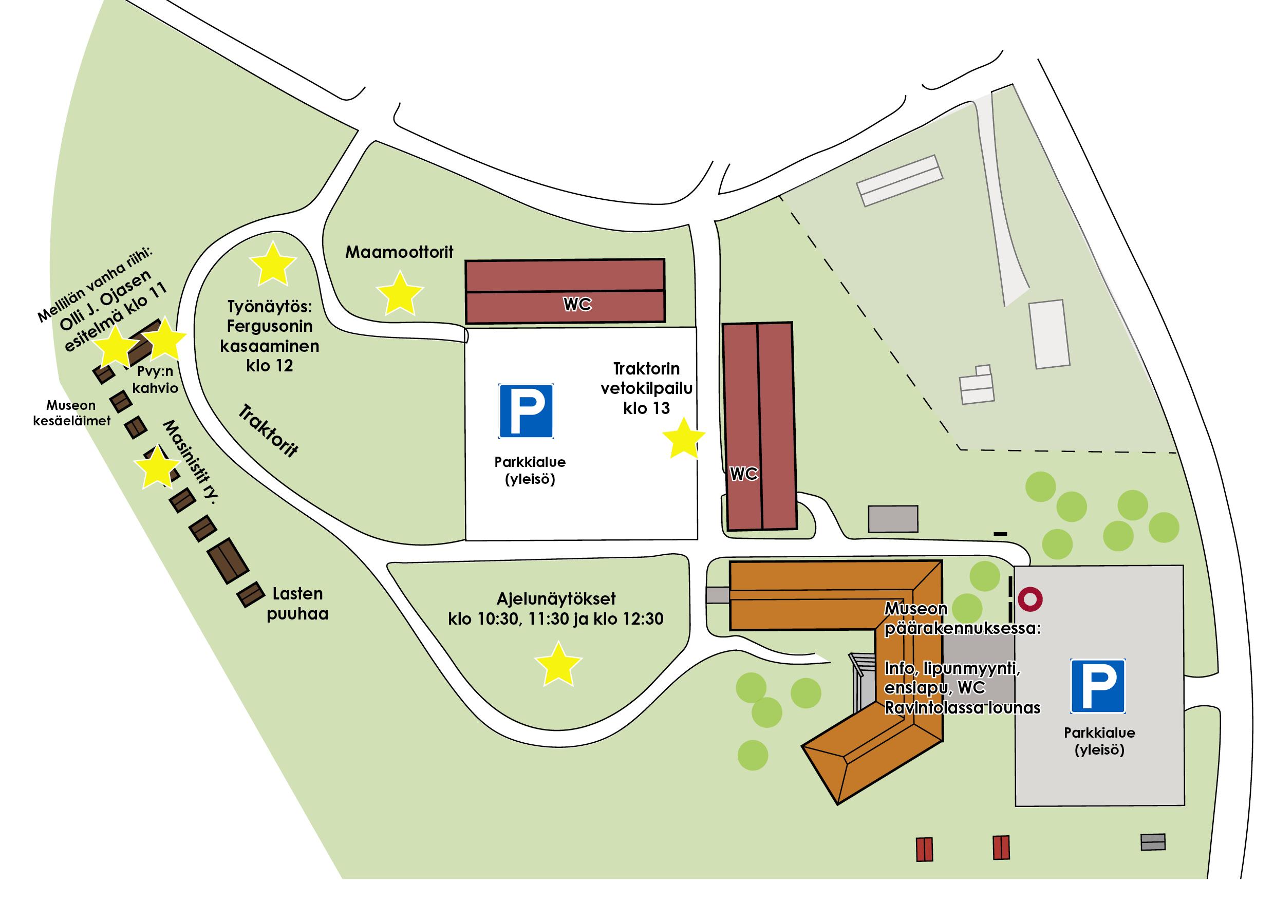 KoneSarka 2.8.2025 -tapahtuman ohjelmakartta museoalueesta