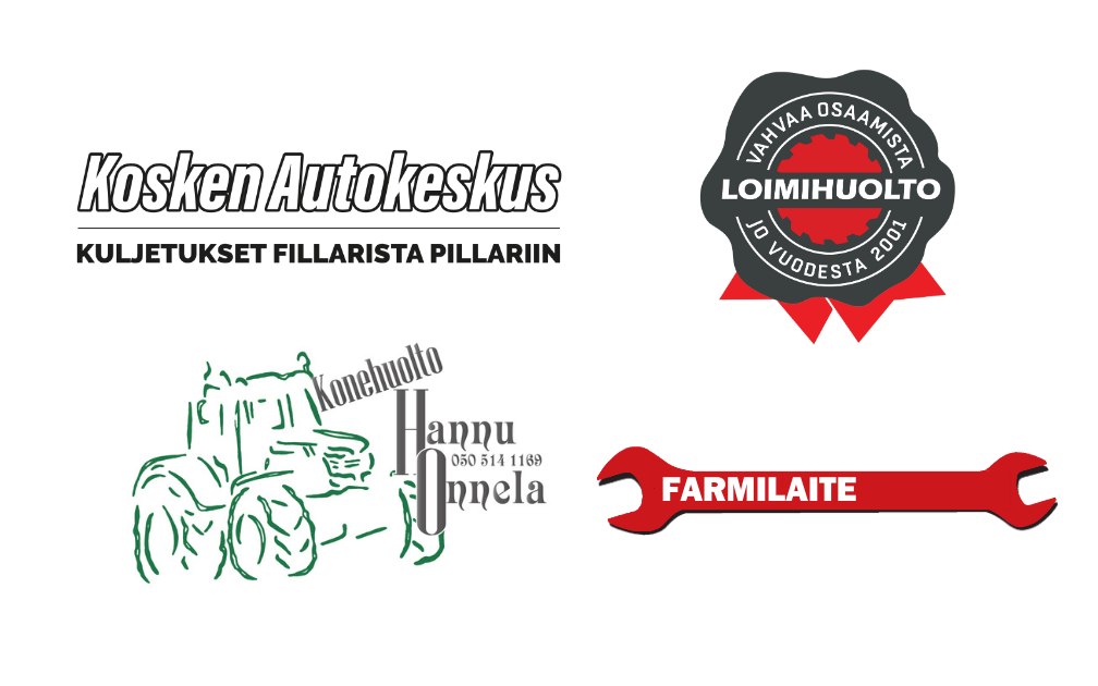 Logoja valkoisella pohjalla, logoissa lukee Kosken Autokeskus - Kuljetukset fillarista pillariin, Loimihuolto - Vahvaa osaamista jo vuodesta 2001, Konehuolto Hannu Onnela - 050514 1160 sekä Farmilaite.
