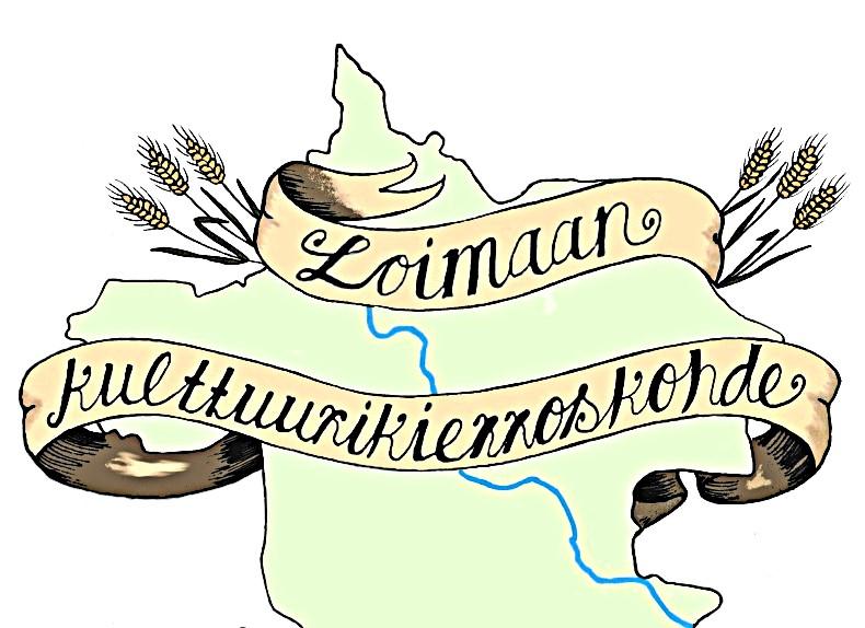 Loimaan kulttuurikierroskohde -logo, kartta ja viljakorvia