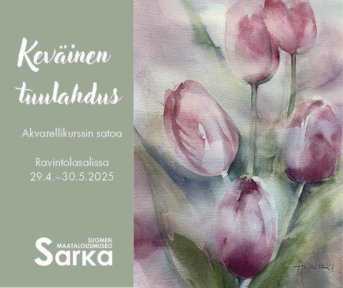 Keväinen tuulahdus: Akvarellikurssin satoa 29.4.–30.5.2025, vesivärimaalaus tulppaaneista